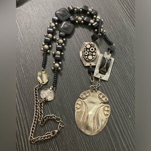 Handcrafted Silver-Tone Statement Pendant Necklace - Black Bead Accent